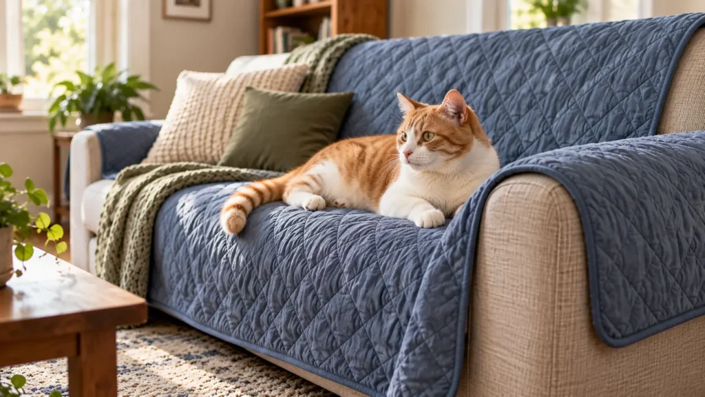 Orange-and-white cat resting on a sofa with a blue-gray quilted couch cover protecting the seat, backrest, and armrests.