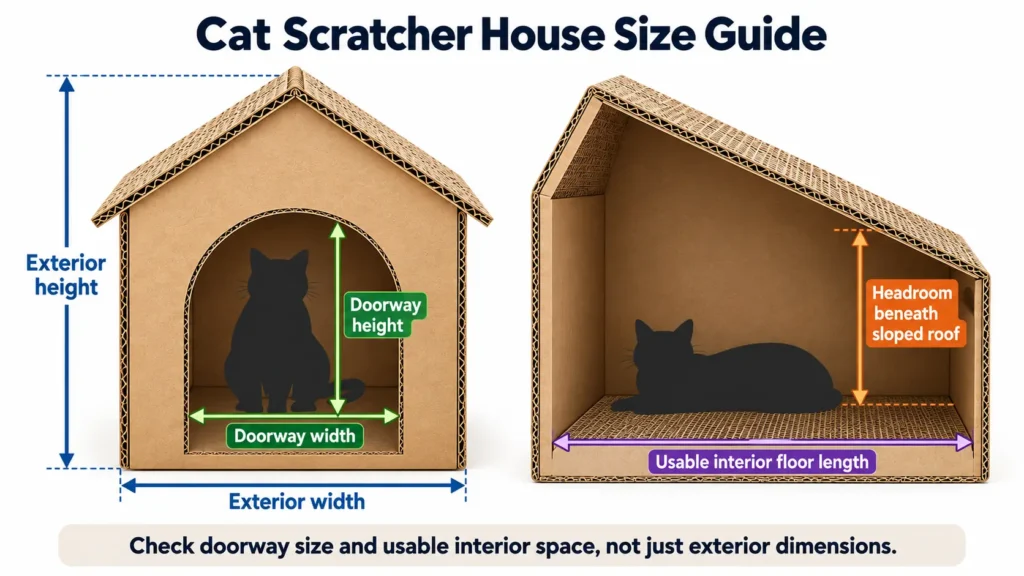 Cat scratcher house size diagram showing exterior height and width, doorway measurements, interior floor length, and headroom beneath a sloped roof.