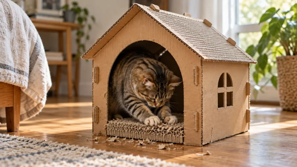 Brown tabby cat scratching a corrugated cardboard pad inside a cat scratcher house in a sunlit room.