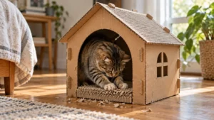 Brown tabby cat scratching a corrugated cardboard pad inside a cat scratcher house in a sunlit room.
