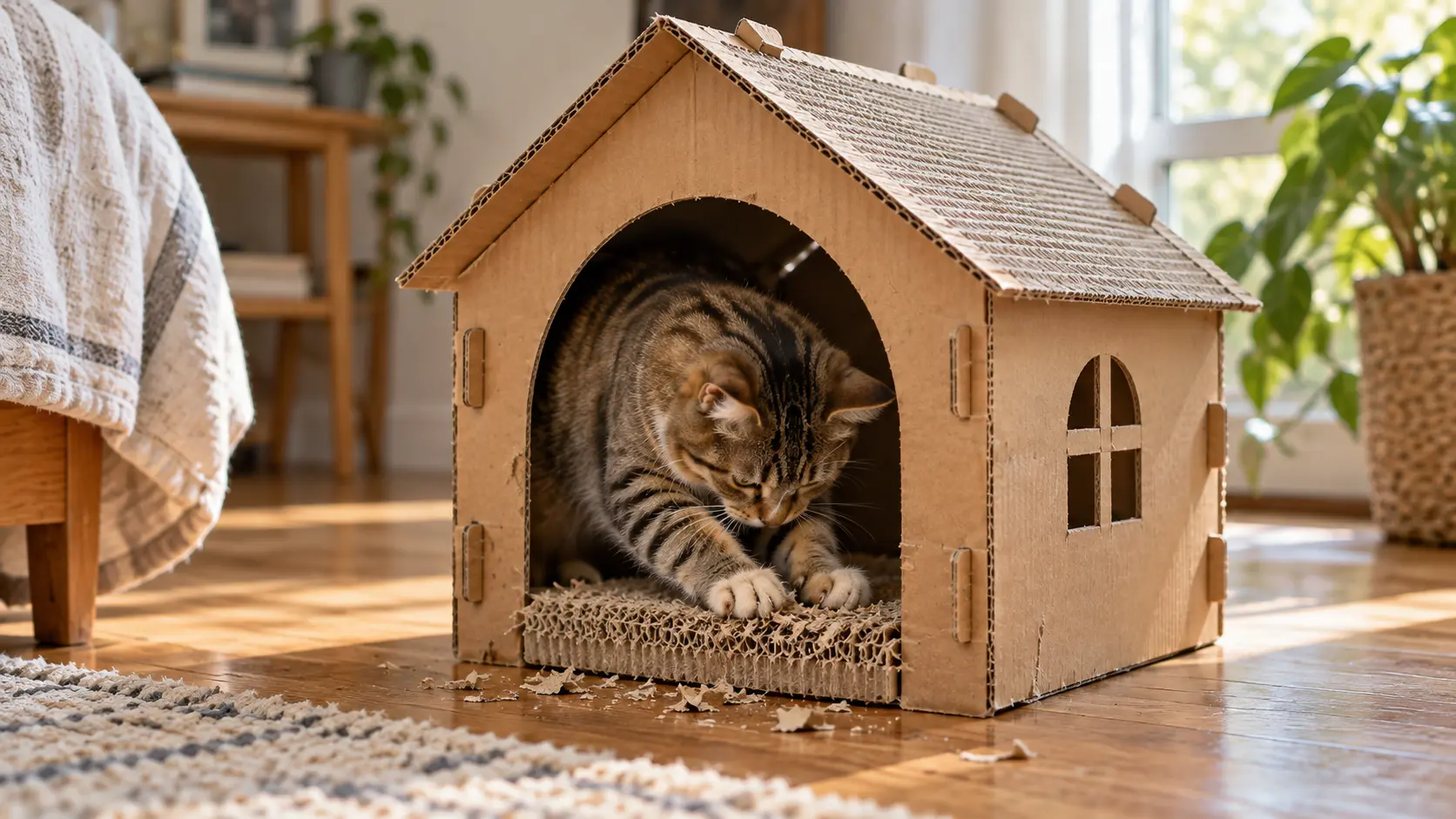 Brown tabby cat scratching a corrugated cardboard pad inside a cat scratcher house in a sunlit room.