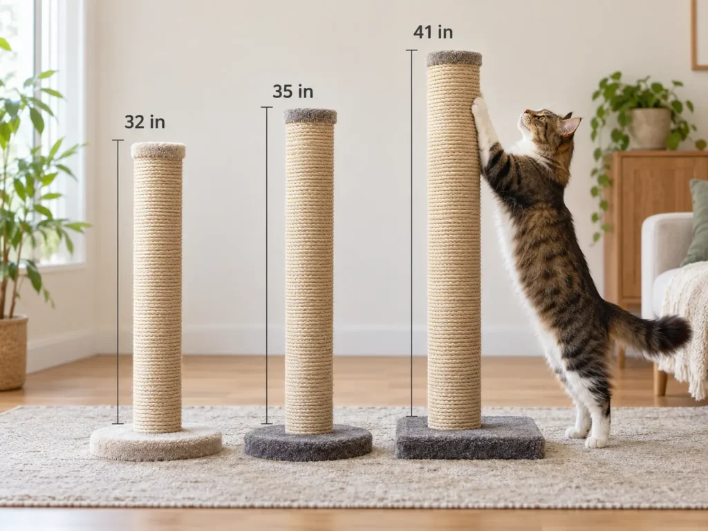 Comparison of 32-inch, 35-inch and 41-inch cat scratching posts with a large cat stretching on the tallest post