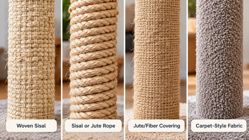 Close-up comparison of woven sisal, rope, jute fiber, and carpet-style cat scratching post surfaces