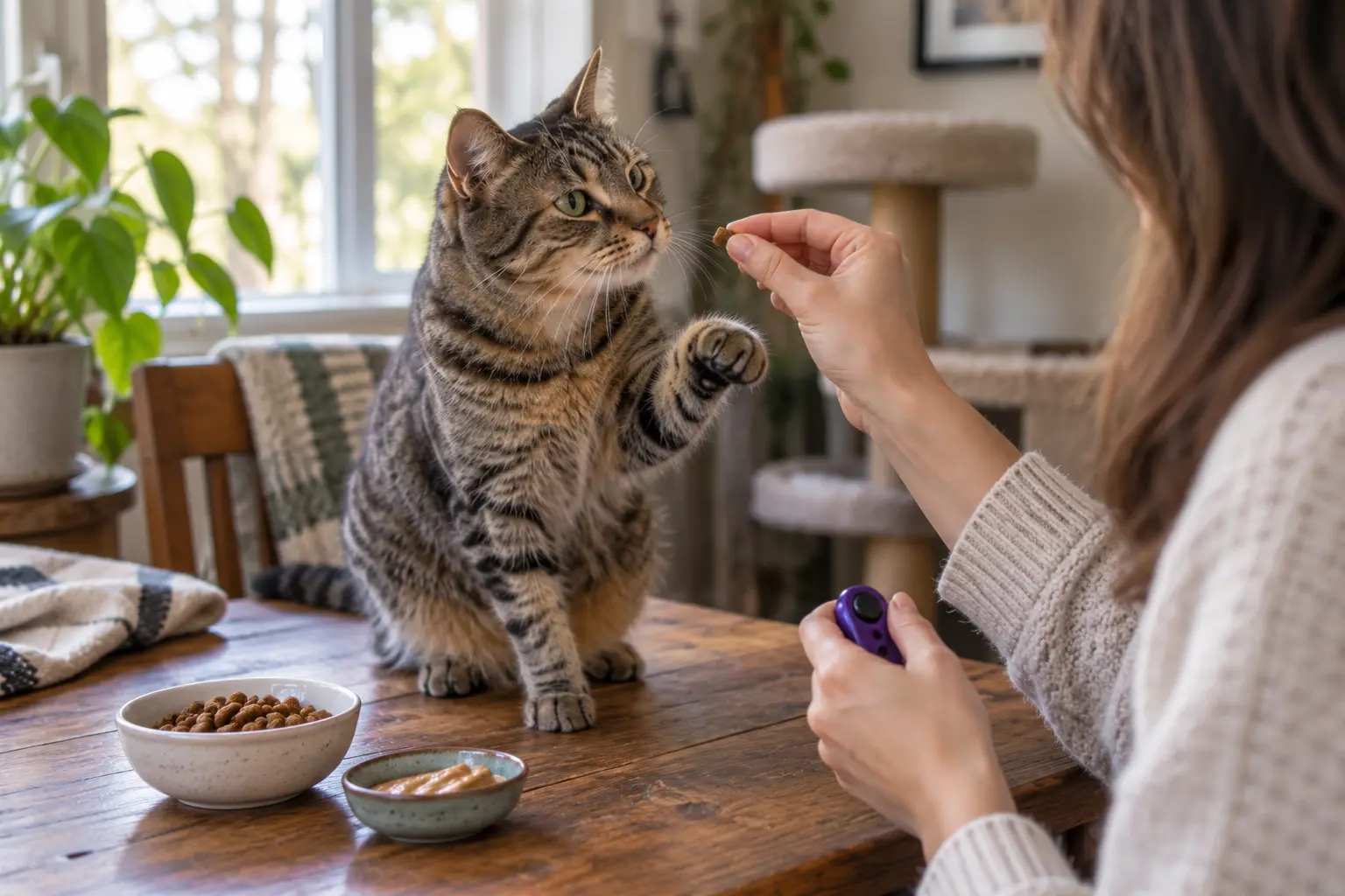 Tabby cat raising a paw during clicker training while a person offers a small training treat.