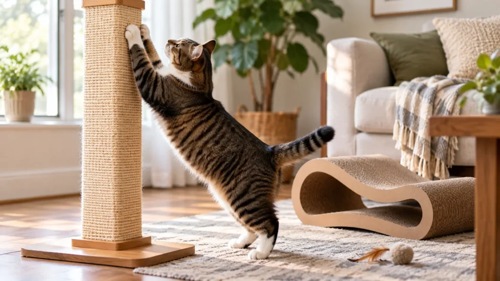 Tabby cat stretching on a vertical sisal cat scratcher with a cardboard scratcher nearby