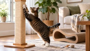 Tabby cat stretching on a vertical sisal cat scratcher with a cardboard scratcher nearby