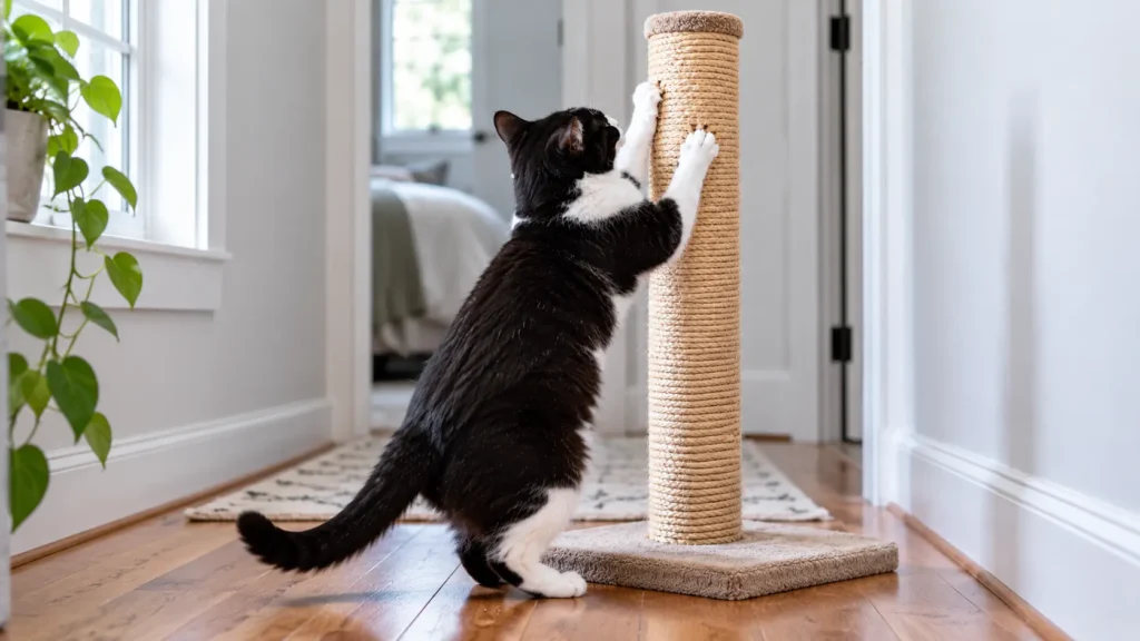 Black-and-white cat stretching up and scratching a vertical cat scratching post