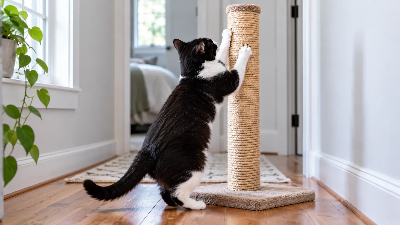 Black-and-white cat stretching up and scratching a vertical cat scratching post