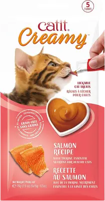 Catit Creamy Salmon package with salmon-flavor lickable cat treat tubes