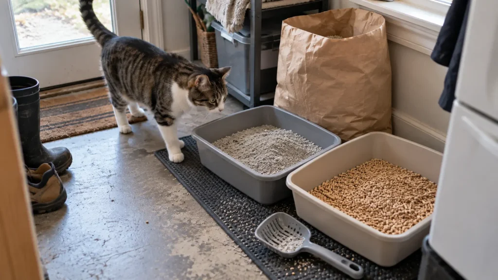 Tabby cat approaching two litter boxes filled with clay litter and pine pellets in a utility room.