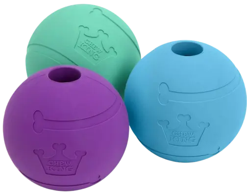 Chew King natural rubber fetch balls in a three-ball multipack