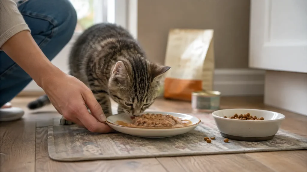 Young tabby kitten eating wet food beside a bowl of dry kitten food while an owner holds the plate.