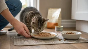 Young tabby kitten eating wet food beside a bowl of dry kitten food while an owner holds the plate.