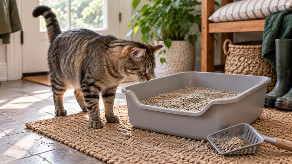 Tabby cat inspecting a litter box filled with clay cat litter in a natural home setting