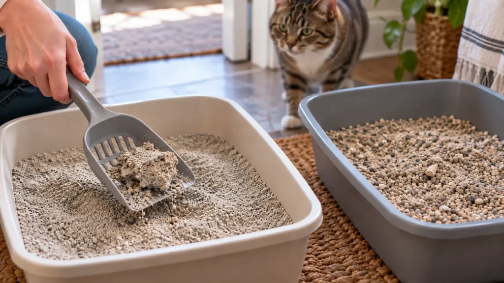 Litter scoop lifting a formed clump beside a tray of loose non-clumping litter