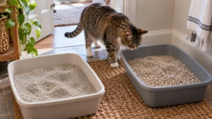 Cat inspecting two litter boxes with different litter textures