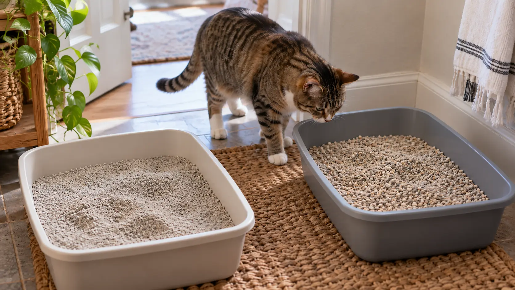 Cat inspecting two litter boxes with different litter textures