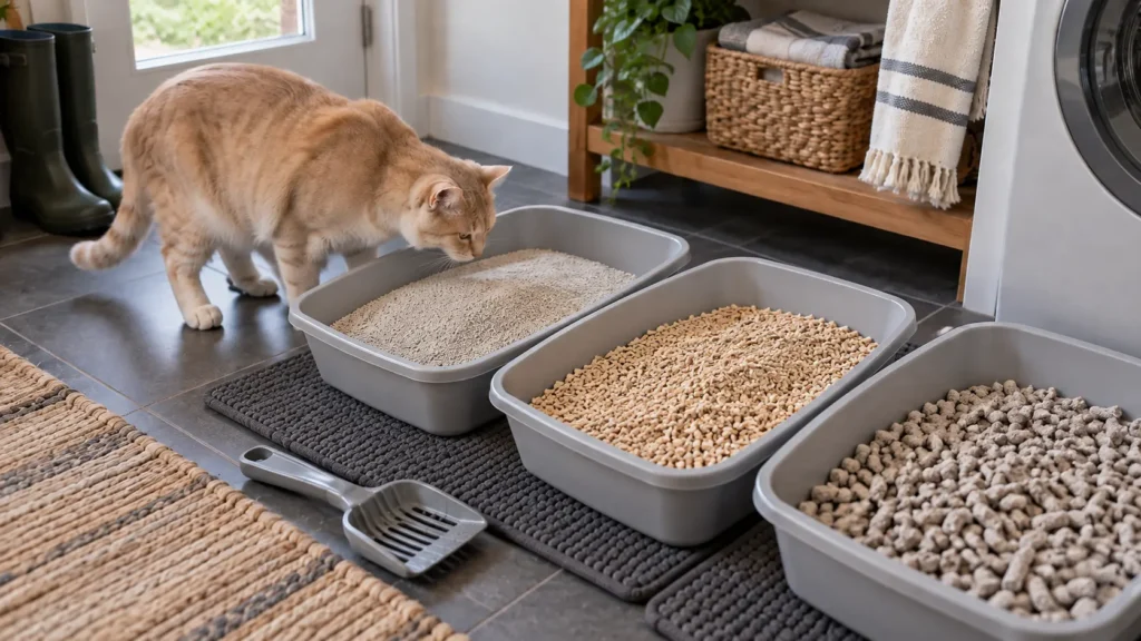 Cat inspecting three litter boxes filled with different litter textures