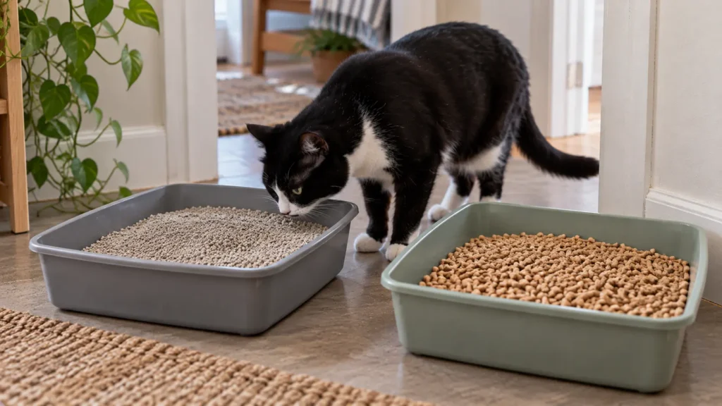Black-and-white cat sniffing one of two litter boxes filled with fine granular litter and wood pellets.