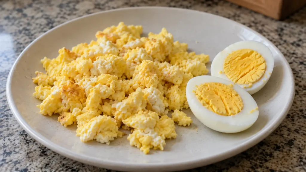 Plain scrambled eggs and hard-boiled egg halves on a plate