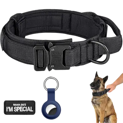 Black DAGANXI tactical dog collar with patches, control handle, and AirTag case