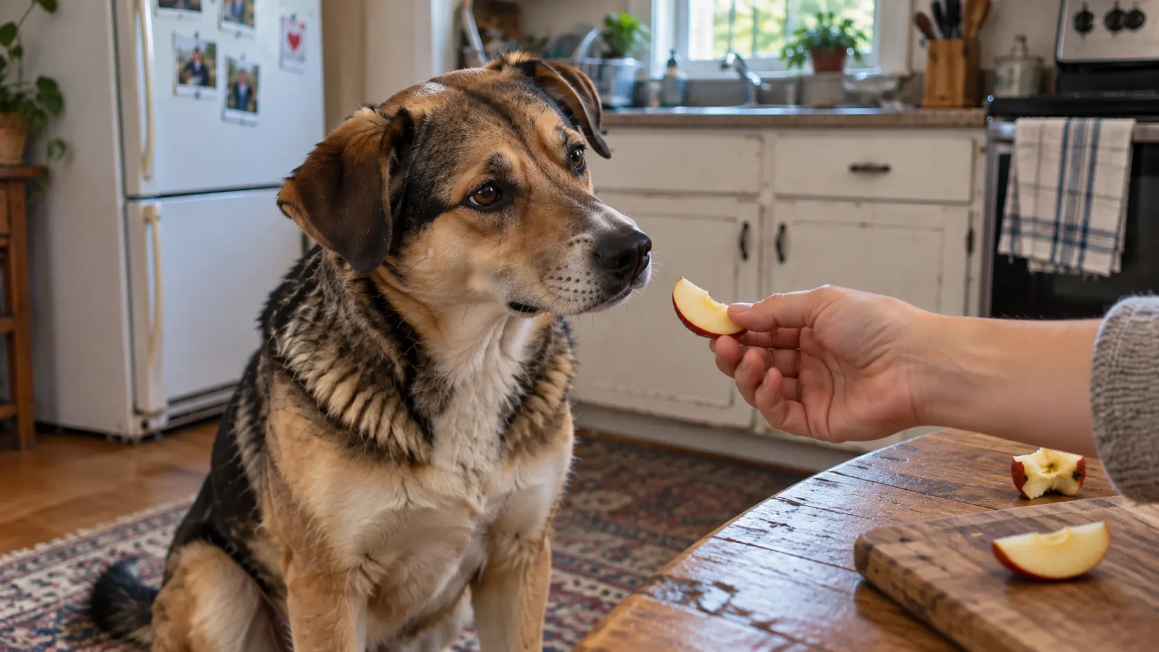 Dog sitting in a kitchen while a person offers a small slice of apple