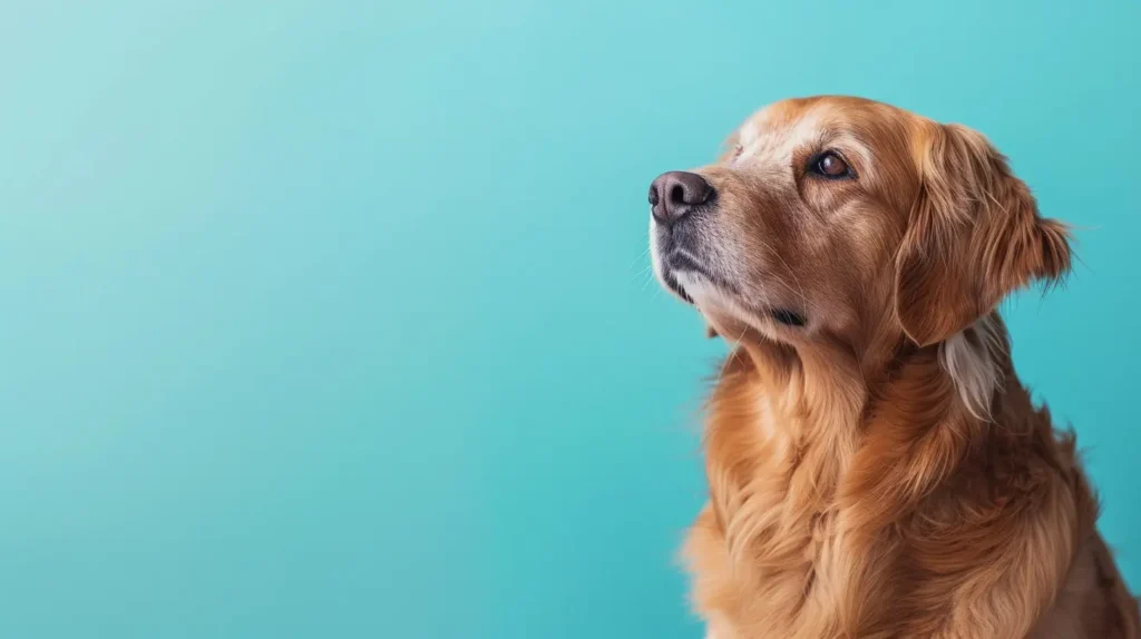 Friendly dog looking left on a soft blue background for dog care guides on LumaPaw