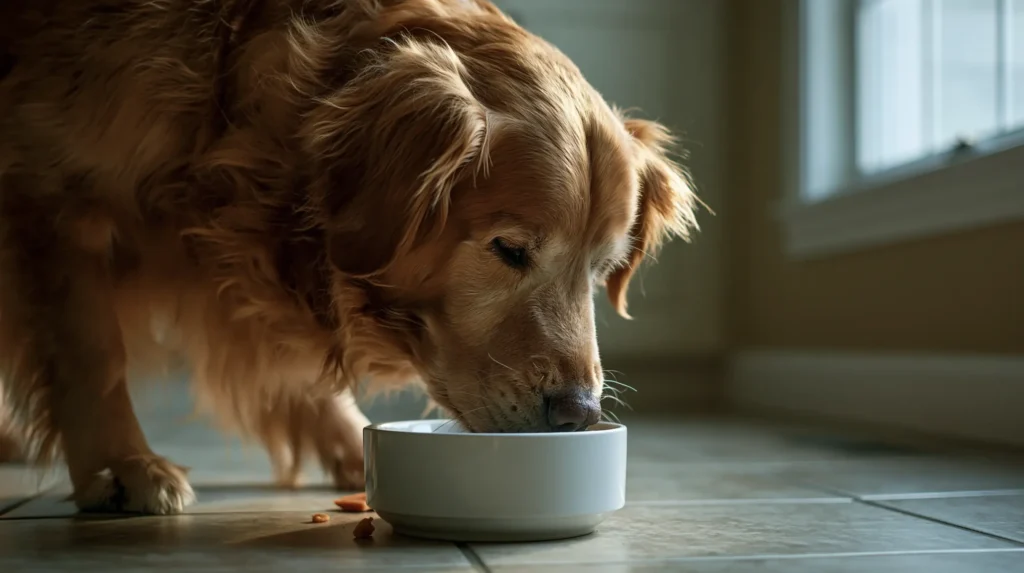Golden retriever eating chicken-free dog food for chicken allergy in a home kitchen