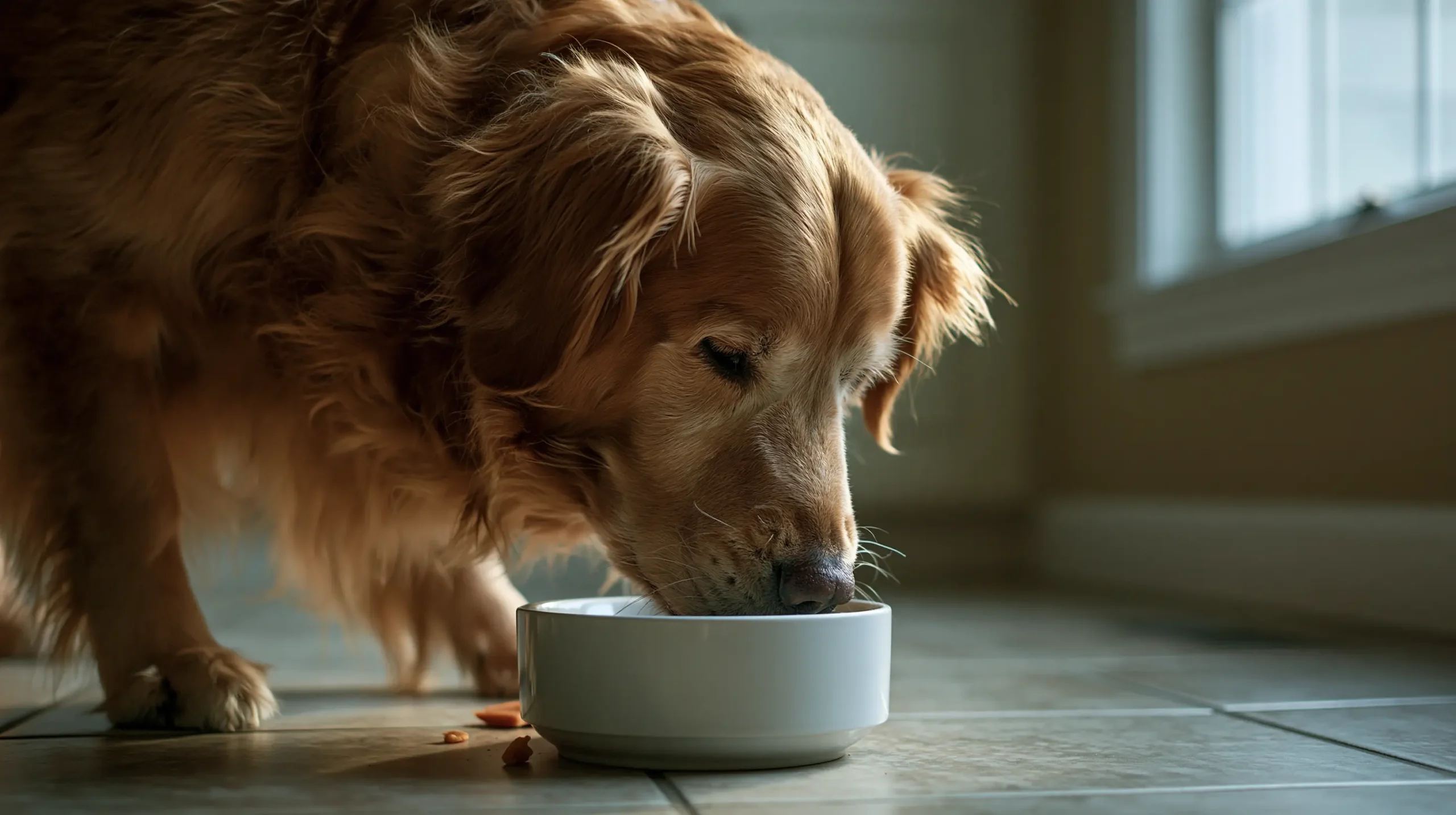 Golden retriever eating chicken-free dog food for chicken allergy in a home kitchen
