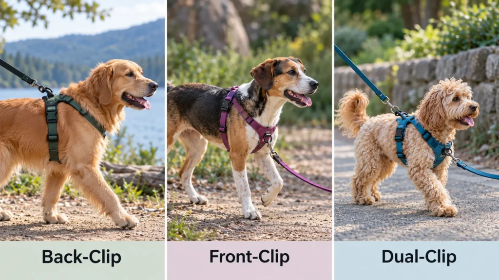 Comparison of back-clip, front-clip, and dual-clip dog harness attachment styles