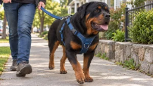 Large Rottweiler wearing a blue adjustable harness while walking with its owner on a neighborhood sidewalk.