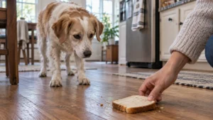 Dog looking at a plain slice of bread on the floor as a person reaches to pick it up