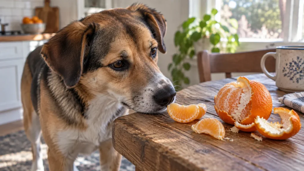 Dog sniffing peeled orange segments beside orange peel on a wooden table