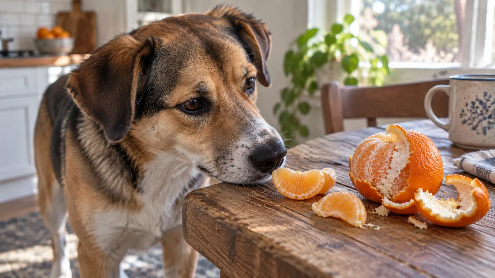 Dog sniffing peeled orange segments beside orange peel on a wooden table
