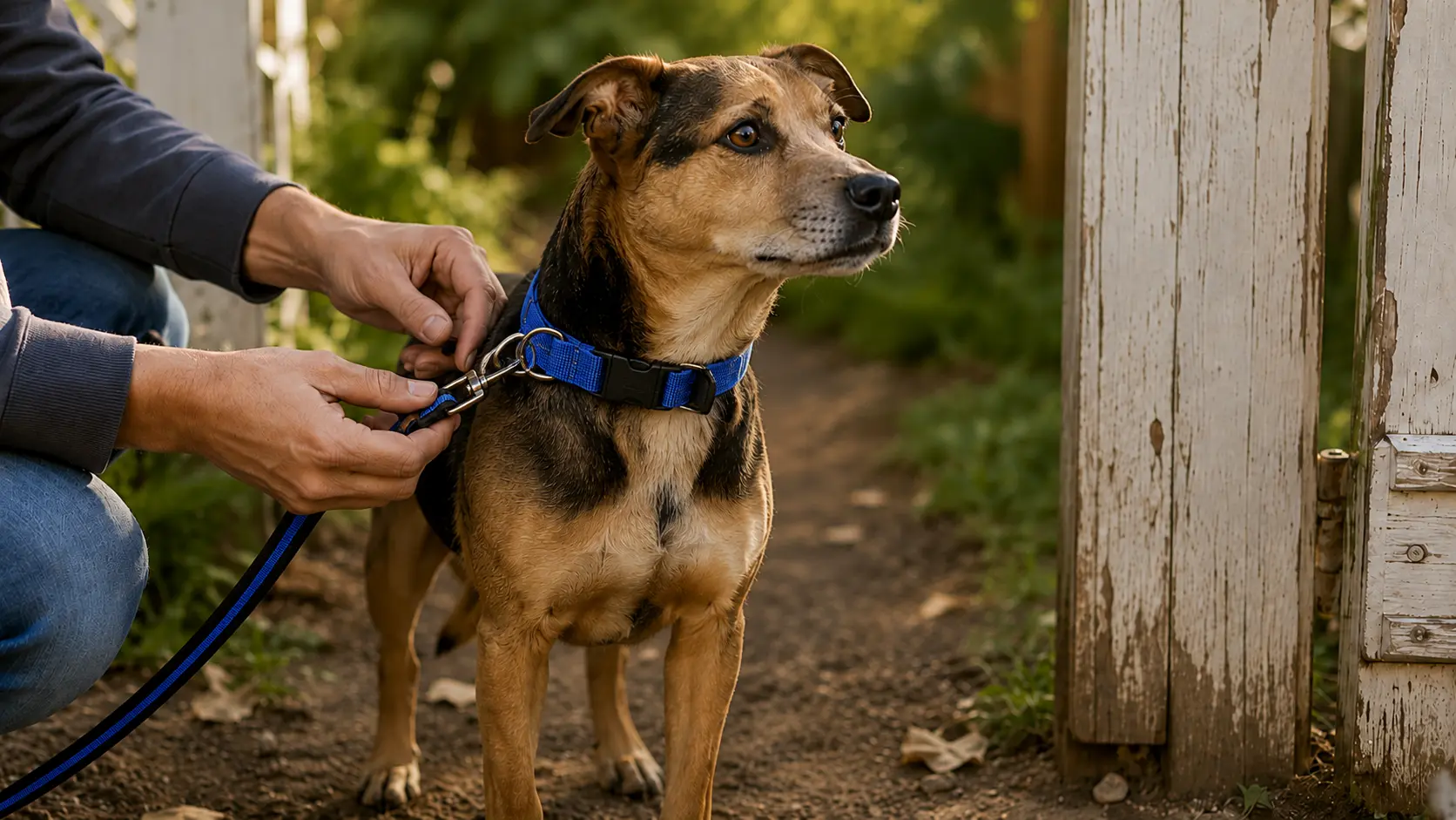 Brown and black dog wearing a blue breakaway dog collar while an owner attaches the leash near a garden gate.