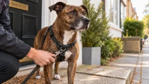 Brindle dog wearing a black front clip dog harness while its owner holds a leash attached to the chest ring.