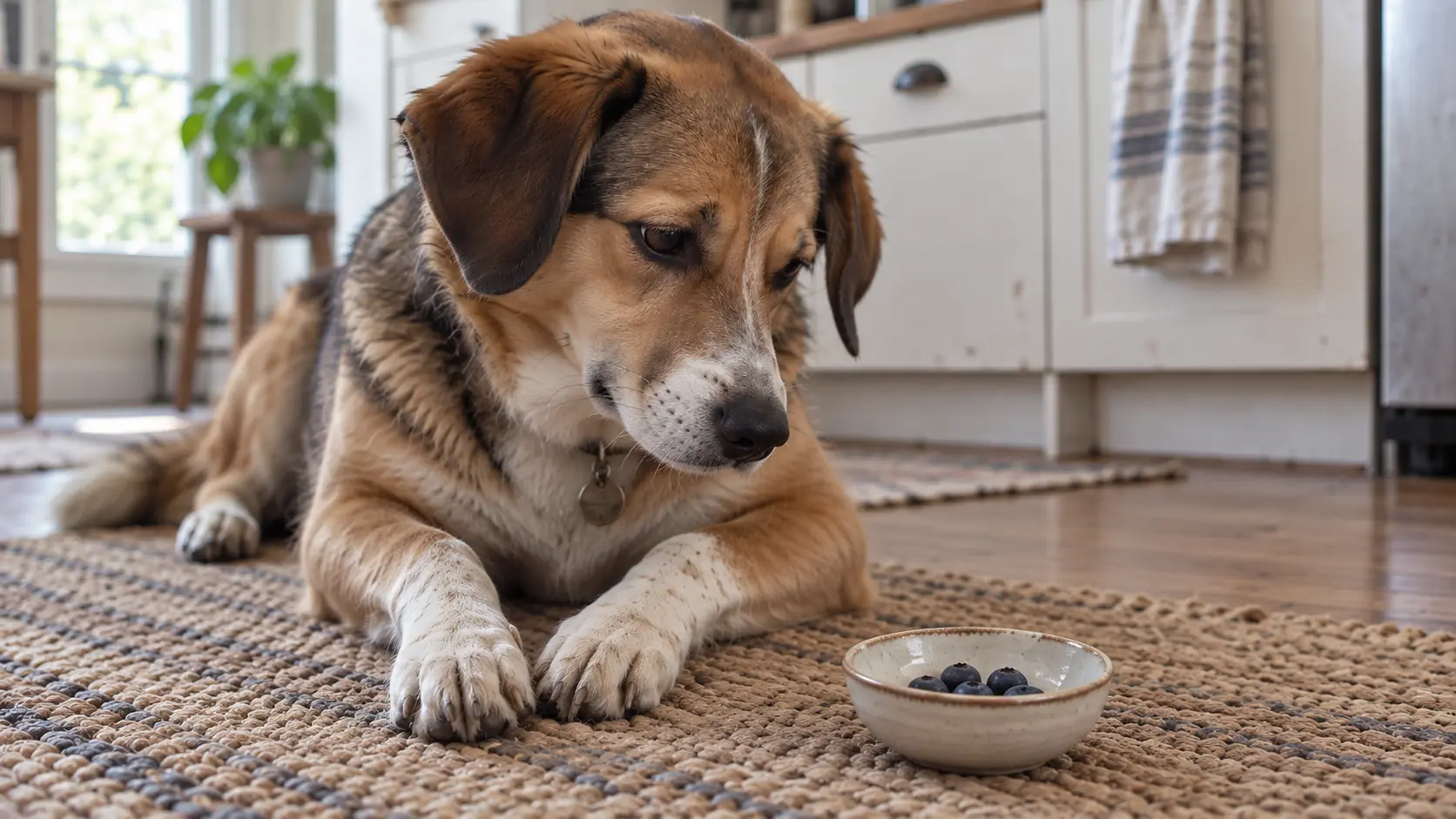 Dog lying beside a small bowl of fresh blueberries