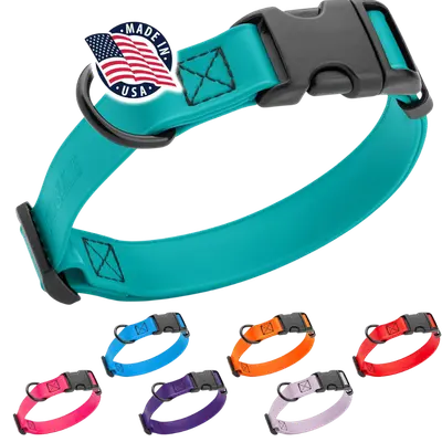 Dogline BioThane waterproof dog collar with coated webbing, a quick-release buckle, and metal D-ring.