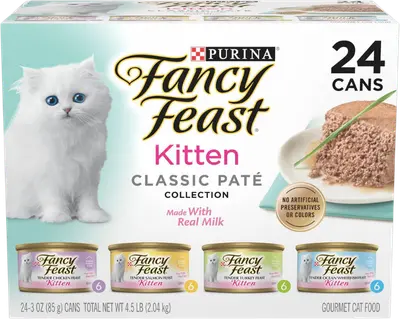 Fancy Feast Kitten Classic Pâté variety pack with chicken, salmon, turkey, and whitefish recipes
