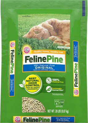 Green bag of Feline Pine Original non-clumping pine pellet cat litter
