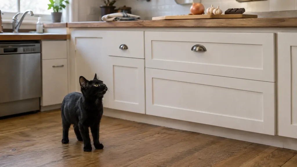 Black kitten on a kitchen floor looking toward onion, garlic, and chocolate kept out of reach on the counter