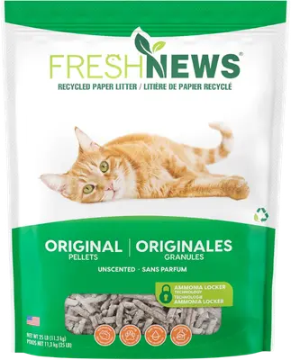 Green and white bag of Fresh News Original non-clumping paper pellet cat litter