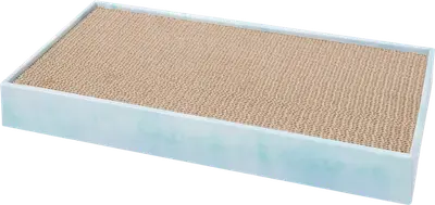 Frisco Double-Wide rectangular cardboard cat scratch pad in a blue tie-dye tray