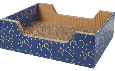Frisco Step-In cardboard scratcher box with blue constellation-patterned sides