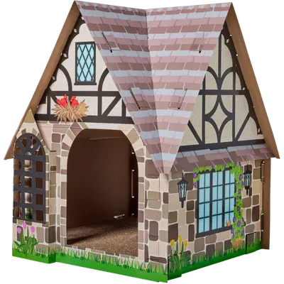 Frisco Tudor cardboard cat house with pitched roof, arched entrance, and illustrated walls