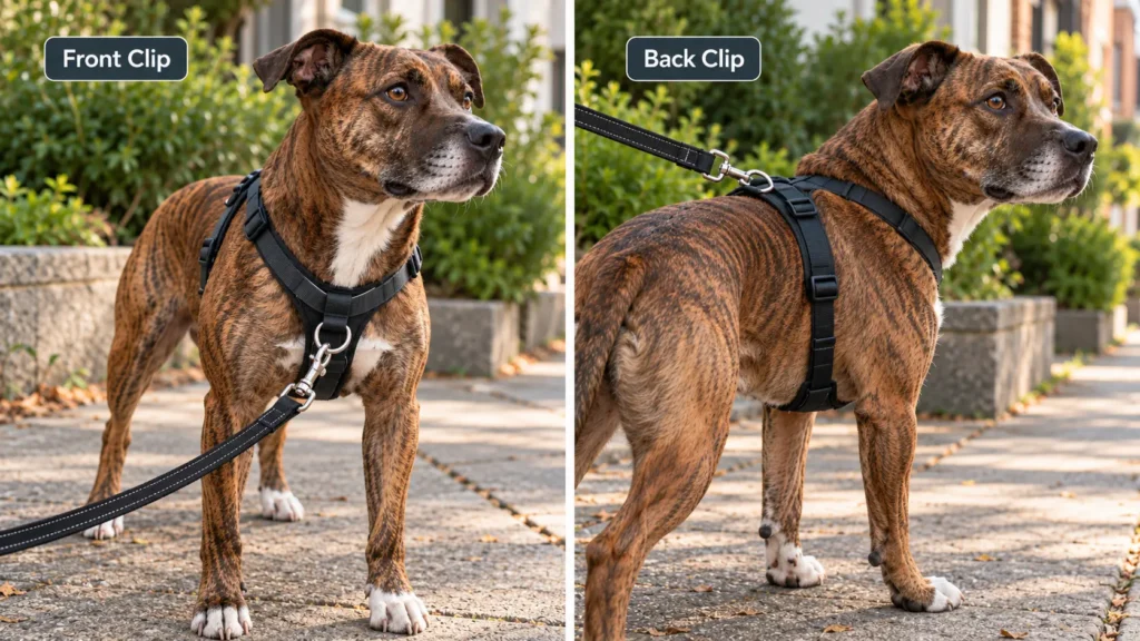 Side-by-side comparison of a brindle dog wearing a black harness with the leash attached at the chest in one image and the back in the other.