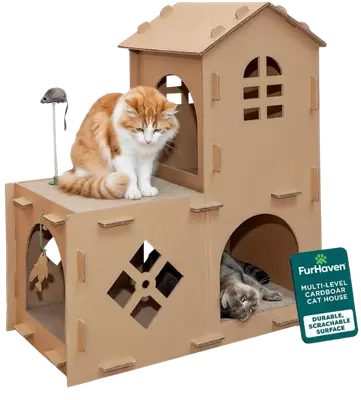Two-story FurHaven cardboard cat house with upper deck and scratching areas