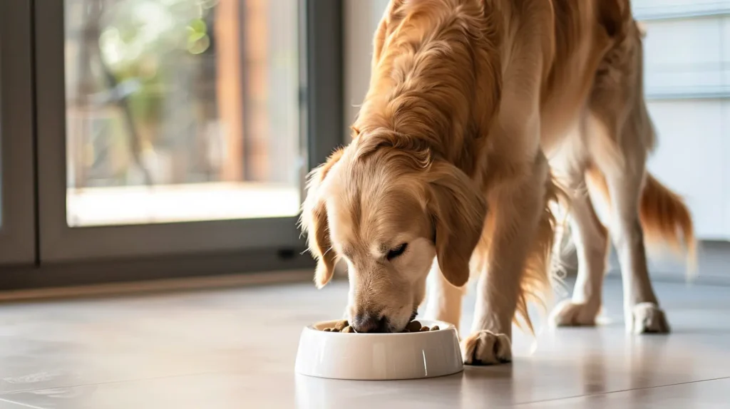 Golden retriever eating dehydrated dog food from a white bowl in a bright home setting