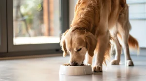 Golden retriever eating dehydrated dog food from a white bowl in a bright home setting