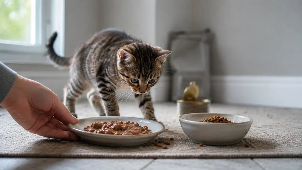 Tabby kitten choosing between wet food and dry kibble for a grain free kitten food comparison